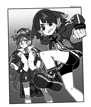 Rule 34 | 2girls, anger vein, bandaid, bandaid on knee, bandaid on leg, border, choker, closed mouth, commentary, coqui saporana, crossed bandaids, english commentary, fingernails, greyscale, hands on own hips, hat, highres, hood, hood up, hooded jacket, jacket, long hair, long sleeves, monochrome, multicolored hair, multiple girls, nail polish, open clothes, open jacket, outline, ramathal, rummy, rummy &amp; coqui, sharp teeth, shirt, shoes, short twintails, shorts, sleeveless, sleeveless jacket, socks, streaked hair, teeth, textless version, torn clothes, torn jacket, twintails, two-tone hair, v-shaped eyebrows, white border, white outline