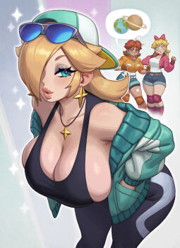 absurdres alternate_breast_size_(larger) bare_shoulders blonde_hair blue_eyes bow breasts brown_hair bursting_breasts cleavage denim denim_shorts earrings flower_earrings gloves hair_bow hair_over_one_eye highres huge_breasts jacket jewelry large_breasts leaning_forward long_hair looking_at_viewer mario_(series) mario_kart mario_kart_world nintendo open_mouth pink_jacket pink_lips ponytail princess_daisy princess_daisy_(touring) princess_peach princess_peach_(touring) puckered_lips riz rosalina seductive_gaze seductive_smile shorts sideboob smile sphere_earrings star_(symbol) star_earrings super_mario_galaxy tank_top thick_lips