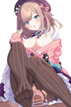 1boy 1girl aqua_eyes aqua_nails bar_censor beret blue_eyes blush breasts breasts_out brown_pantyhose cardigan censored center_frills clothed_female_nude_male commentary_request feet frills hair_ornament hat hat_pin hetero highres kurono_yuzuko large_breasts nijisanji nipples no_shoes nude off_shoulder open_mouth paid_reward_available panties panties_under_pantyhose pantyhose penis pink_cardigan pinstripe_pantyhose sex simple_background skirt solo_focus striped_clothes striped_pantyhose striped_skirt suzuhara_lulu suzuhara_lulu_(1st_costume) underwear vaginal vertical-striped_clothes vertical-striped_pantyhose vertical-striped_skirt virtual_youtuber white_background x_hair_ornament
