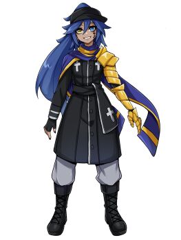 1girl armor black_boots black_coat black_gloves black_hat black_nails blue_eyes blue_hair boots coat commentary commission cross cross_print dark-skinned_female dark_skin double-parted_bangs english_commentary fingerless_gloves fingernails full_body gauntlets gloves gold_armor grey_pants hair_between_eyes hat heterochromia highres long_hair long_sleeves looking_at_viewer oninuer original pants pauldrons shoulder_armor simple_background single_gauntlet single_pauldron smile solo standing white_background yellow_eyes