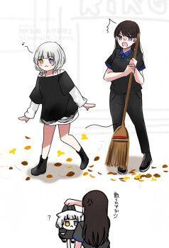 Rule 34 | 2girls, animal ears, asahi rise, bang dream!, bang dream! it's mygo!!!!!, black boots, black hair, black pants, black shirt, blue eyes, blush, boots, broom, cat ears, cat girl, cat tail, closed mouth, commentary request, heterochromia, highres, kaname raana, kemonomimi mode, layered sleeves, leaf, long hair, long sleeves, mole, mole under eye, multiple girls, open mouth, pants, purple eyes, raana the cat, shiina taki, shirt, short hair, short over long sleeves, short sleeves, tail, translation request, watermark, white hair, white shirt, yellow eyes