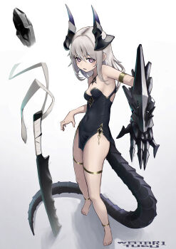 1girl absurdres akemiya_genma anklet armlet bare_shoulders barefoot black_horns blush breasts clawed_gauntlets cleavage commentary copyright_name covered_navel dot_nose dragon_girl dragon_horns dragon_tail dress english_commentary full_body gauntlets gold_anklet gold_armlet gold_thighlet gradient_background grey_hair hair_between_eyes highres horns jewelry looking_at_viewer medium_breasts medium_hair open_mouth original parted_lips pelvic_curtain pink_eyes shadow short_dress side_slit simple_background single_gauntlet sleeveless sleeveless_dress solo standing strapless strapless_dress sword tail thighlet thighs weapon white_background