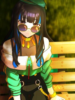 1girl absurdres bare_shoulders bench beret black_hair black_shorts blue_hair bracelet breasts buttons colored_inner_hair dantonphanton double-breasted eyeliner fate/grand_order fate_(series) green_hat green_jacket grey_eyes hat highres jacket jewelry long_hair long_sleeves looking_at_viewer makeup multicolored_hair neck_ring o-ring off_shoulder round_eyewear shorts sidelocks small_breasts solo sunglasses tenochtitlan_(fate) tenochtitlan_(second_ascension)_(fate) zipper