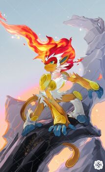 1other amehatobook blue_eyes closed_mouth colored_sclera fiery_hair fire furry gen_4_pokemon hashtag-only_commentary highres infernape monkey nintendo outdoors pokemon pokemon_(creature) pokemon_focus tail yellow_sclera