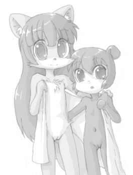 2girls animal animal_ears arm_around_shoulder bo_(sugarbits) flat_chest fox fox_ears fox_girl fox_tail furry hooves loli looking_at_viewer monochrome multiple_girls naked_towel navel nude open_mouth pig pig_ears pig_girl pussy robin_(sugarbits) sakuramoto smile standing sugar_bits tail towel