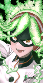 1girl absurdres boku_no_hero_academia burnin_(boku_no_hero_academia) character_name commentary_request fangs green_hair headphones highres looking_at_viewer mask nmm open_mouth orange_eyes ringed_eyes sharp_teeth shirt solo teeth upper_body white_shirt
