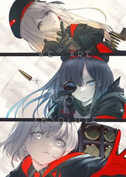 3girls absolute_(nikke) beret black_gloves black_hair black_jacket blue_eyes breasts brown_hair bullet closed_mouth emma_(nikke) emma_(tactical_upgrade)_(nikke) eunhwa_(nikke) eunhwa_(tactical_upgrade)_(nikke) gloves goddess_of_victory:_nikke grey_hair gun hat holding holding_gun holding_weapon jacket long_hair long_sleeves looking_at_viewer mole mole_under_mouth multiple_girls necktie oval_blue oversized_hat red_necktie rifle rocket_launcher shell_casing shirt short_hair sniper_rifle upper_body vesti_(nikke) vesti_(tactical_upgrade)_(nikke) weapon yellow_eyes
