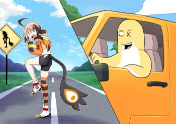 1girl absurdres ahoge ass black_shorts blonde_hair blue_sky brown_hair cd_usr commentary cropped_hoodie day driving english_commentary family_guy gigi_murin gigi_murin_(1st_costume) grem_(gigi_murin) highres hololive hololive_english hood hoodie meme multicolored_hair open_mouth orange_hoodie orange_thighhighs outdoors pink_eyes road road_sign scared scene_reference shirt shorts sign single_thighhigh sky striped_clothes striped_thighhighs tail thighhighs trembling two-tone_hair virtual_youtuber white_shirt wide-eyed