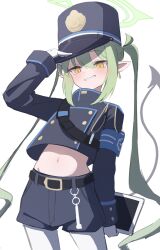Rule 34 | 1girl, absurdres, belt, black belt, black hat, black jacket, black shorts, black tail, blue archive, blush, cowboy shot, demon tail, earrings, gloves, green hair, green halo, grin, hair between eyes, halo, hat, highlander twintails conductor (blue archive), highres, jacket, jewelry, long hair, long sleeves, navel, pantyhose, peaked cap, pointy ears, shorts, simple background, single earring, smile, solo, standing, tail, white background, white gloves, white pantyhose, yako mashiro, yellow eyes