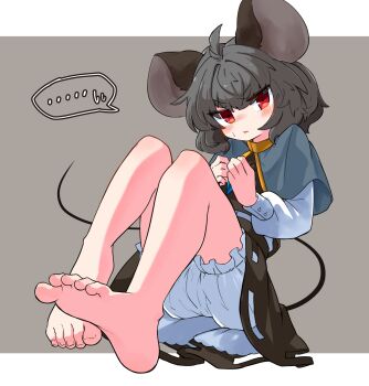 ... 1girl ahoge animal_ears bare_legs barefoot bloomers blue_capelet blush capelet closed_mouth feet full_body grey_hair grey_skirt grey_vest highres looking_at_viewer mouse_ears mouse_tail nazrin red_eyes short_hair sitting skirt soles solo spoken_ellipsis tail toenails toes touhou uisu_(noguchipint) underwear vest white_bloomers