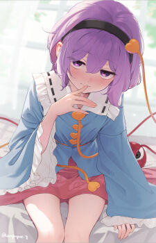 1girl artist_name black_hairband blue_shirt blurry blurry_background blush buttons closed_mouth commentary_request floral_print floral_print_skirt frilled_shirt_collar frilled_sleeves frills hair_between_eyes hairband heart heart_button highres indoors kanpa_(campagne_9) komeiji_satori looking_at_viewer miniskirt nose_blush pink_skirt print_skirt purple_eyes purple_hair shirt short_hair sitting skirt solo thighs third_eye touhou wide_sleeves