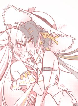 2girls ahoge alternate_costume arm_strap bare_shoulders black_hair blush carlotta_(splashing_summer)_(wuthering_waves) carlotta_(wuthering_waves) commentary_request dated earrings eye_contact female_rover_(wuthering_waves) hair_ornament hair_ribbon hairclip hand_on_another&#039;s_face hat highres hug jewelry long_hair looking_at_another low_ponytail multiple_girls official_alternate_costume parallel_hairclips parted_lips ponytail ribbon rover_(wuthering_waves) signature starblame sweatdrop wuthering_waves yellow_eyes yellow_ribbon yuri