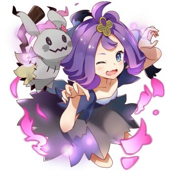 1girl ;d acerola_(pokemon) blue_eyes claw_pose commentary_request dress gen_7_pokemon hair_ornament horyo1809 looking_at_viewer mimikyu nintendo one_eye_closed open_mouth pokemon pokemon_(anime) pokemon_(creature) pokemon_sm_(anime) purple_hair short_sleeves simple_background smile stitches topknot