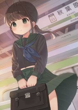 1girl bag black_bag black_hair black_serafuku blue_neckerchief blunt_bangs blush breast_pocket closed_mouth clothes_lift cowboy_shot dot_nose flat_chest floating_hair green_eyes green_sailor_collar green_skirt holding holding_bag light_smile long_hair long_sleeves looking_ahead low_twintails midriff mimikaki_(men_bow) navel neckerchief original outdoors pleated_skirt pocket sailor_collar school_bag school_uniform serafuku sidelocks skirt skirt_lift solo standing subway subway_station twintails wind wind_lift