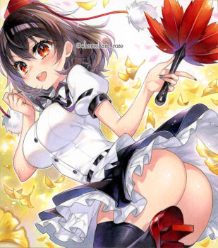 1girl ass black_hair black_skirt breasts brown_eyes chacham cowboy_shot hand_fan hat holding holding_fan large_breasts red_hat shameimaru_aya shirt short_hair skirt solo touhou white_shirt