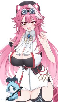 Rule 34 | 1girl, absurdres, animal ears, black shirt, breasts, cat ears, cat girl, cat tail, chattino (raora panthera), commentary request, highres, hololive, hololive english, kasutera mikan, large breasts, looking at viewer, multicolored hair, nail polish, open mouth, pink hair, pink nails, raora panthera, raora panthera (1st costume), shirt, shorts, smile, solo, streaked hair, tail, vest, virtual youtuber, white shorts, white streaks, white vest, yellow eyes