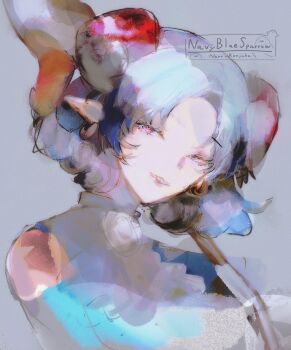 1girl abstract blue_dress blue_ribbon curled_horns dress earrings grey_background head_tilt highres holding holding_spoon horn_ornament horn_ribbon horns jewelry looking_at_viewer looking_to_the_side navybluesparrow oversized_object parted_bangs pink_eyes pointy_ears ribbon sharp_teeth short_hair simple_background smile solo spoon teeth touhou toutetsu_yuuma