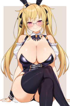 Rule 34 | 1girl, absurdres, ahoge, animal ear hairband, animal ears, bare shoulders, black bow, black bowtie, black hairband, black leotard, black ribbon, black thighhighs, black wrist cuffs, blonde hair, blush, bow, bowtie, breasts, choco tanuki, cleavage, closed mouth, collarbone, crossed legs, detached collar, fake animal ears, fanged bangs, glasses, grey-framed eyewear, grey background, hair ribbon, hairband, highres, huge breasts, leotard, long hair, looking at viewer, nijisanji, pink eyes, pink lips, rabbit ear hairband, rabbit ears, ribbon, sitting, smile, solo, takamiya rion, thighhighs, thighs, twintails, virtual youtuber, white background, wrist cuffs