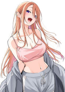 1girl attsun_(atsushi_jb) bare_shoulders breasts cleavage clothes_down collarbone commentary_request cowboy_shot grey_jacket grey_shorts highres jacket large_breasts long_hair looking_at_viewer midriff navel open_mouth orange_hair original purple_eyes shorts simple_background smile solo spaghetti_strap teeth upper_teeth_only white_background
