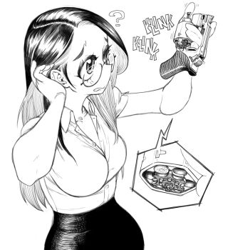 1girl ? breasts chiappa_rhino collared_shirt electric_niw glasses greyscale gun handgun large_breasts long_hair monochrome original partially_unbuttoned reloading revolver round_eyewear shell_casing shirt skirt weapon
