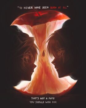 Rule 34 | 0ishur, 2boys, apple, artist name, bitten apple, black background, blunt ends, closed mouth, dragon boy, dragon horns, english text, expressionless, eye contact, eyelashes, face-to-face, food, food bite, from side, fruit, fruit background, genshin impact, highres, horns, looking at another, mini durin (genshin impact), mini durin (human) (genshin impact), monochrome, multiple boys, profile, scaramouche (genshin impact), short hair, source quote, tsurime