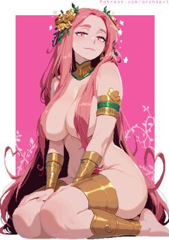 aphrodite_(hades) archapxl armlet barefoot breasts commentary flower golden_rose hades_(series) hades_1 hair_flower hair_ornament hair_over_breasts highres jewelry large_breasts long_hair looking_at_viewer nude patreon_username pink_background pink_eyes pink_hair pixel_art rose sitting thighs two-tone_background very_long_hair wariza white_background