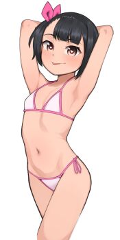 1girl :p absurdres armpits arms_behind_head bikini black_hair blush borrowed_character brown_eyes female_focus flat_chest hair_ribbon heart heart-shaped_pupils highres loli looking_at_viewer navel original pink_ribbon ribbon short_hair side-tie_bikini_bottom simple_background smile solo standing swimsuit symbol-shaped_pupils tachibana_momoka_(bubukka) tongue tongue_out white_background yeun