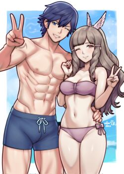 1boy 1girl ;) alternate_costume bikini blue_male_swimwear blue_sky border bow bow_bikini breasts brown_hair chrom_(fire_emblem) cleavage closed_mouth cloud commentary commission day english_commentary fire_emblem fire_emblem_awakening grin hair_ornament highres long_hair looking_at_viewer male_swimwear medium_breasts muscular muscular_male navel nintendo one_eye_closed outside_border pearl_hair_ornament pectorals purple_bikini rotomdocs side-tie_bikini_bottom sky smile stomach sumia_(fire_emblem) swim_trunks swimsuit teeth thighs topless_male v white_border wing_hair_ornament