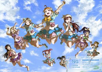 6+girls :d ;o ahoge aqua_eyes arms_up beret black_hair blonde_hair blue_dress blue_eyes blue_hair blue_sky blunt_bangs bow braid brown_hair clenched_hands cloud commentary_request crown_braid day dress everyone falling flower frilled_dress frilled_socks frills grey_hair hair_bow hair_flower hair_ornament hair_rings hat high_ponytail highres kimi_no_kokoro_wa_kagayaiteru_kai? kunikida_hanamaru kurosawa_dia kurosawa_ruby long_hair looking_at_another love_live! love_live!_sunshine!! matsuura_kanan medium_hair mini_hat mini_top_hat mole mole_under_mouth multiple_girls ohara_mari one_eye_closed one_side_up open_mouth orange_hair outstretched_arms ponytail puffy_short_sleeves puffy_sleeves purple_dress red_eyes red_flower red_hair sakurauchi_riko short_dress short_sleeves sidelocks single_hair_ring sky sleeveless sleeveless_dress smile socks spread_arms takami_chika teeth tilted_headwear top_hat tsushima_yoshiko two_side_up upper_teeth_only watanabe_you watermark white_flower white_hat white_socks yellow_bow yellow_eyes yousolo