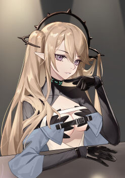 absurdres arknights black_gloves blonde_hair breast_cutout breasts character_request cleavage dress gloves highres indigo_(arknights) long_hair looking_at_viewer medium_breasts meng_xi_xuan open_mouth pointy_ears purple_eyes turtleneck turtleneck_dress twintails underboob very_long_hair