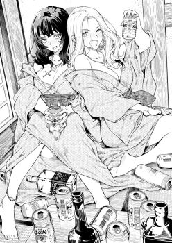 2girls alcohol anklet artist_name barefoot beer_can blush bottle brand_name_imitation breasts can commentary_request copyright_request cross cross_necklace crossed_bangs dog_tags drink_can drooling drunk earrings fang feet greyscale holding holding_can indoors japanese_clothes jewelry kimono large_breasts long_hair long_sleeves looking_at_viewer monochrome mouth_drool multiple_girls necklace obi off_shoulder open_mouth ring saeki_shun sash sitting smile strong_zero table tatami toes very_long_fingernails whiskey wide_sleeves wine_bottle yokozuwari yukata