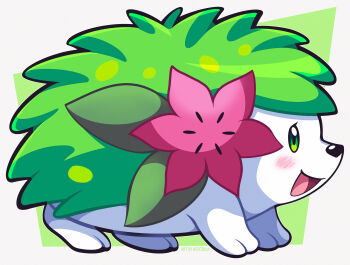 absurdres animal_focus blush commentary english_commentary flower from_side full_body gen_4_pokemon green_eyes highres legendary_pokemon looking_ahead mythical_pokemon nintendo no_humans open_mouth pink_flower pokemon pokemon_(creature) shaymin shaymin_(land) signature solo woofzilla