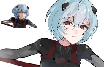 Rule 34 | 1girl, ayanami rei, black bodysuit, blue hair, bodysuit, closed mouth, commentary request, double-parted bangs, evangelion: 3.0 you can (not) redo, figure-referenced, hair between eyes, highres, interface headset (evangelion), kuhuku36, looking at viewer, mecha pilot suit, neon genesis evangelion, plugsuit (evangelion), rebuild of evangelion, red eyes, reference inset, short hair, simple background, solo, white background