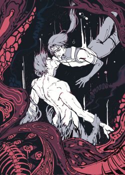 2boys back closed_eyes closed_mouth commentary corrupted_twitter_file floating forehead_protector highres konohagakure_anbu_uniform konohagakure_symbol long_hair looking_at_another low_ponytail male_focus momoyoru1 multiple_boys naruto_(series) naruto_shippuuden nude ponytail short_hair uchiha_itachi uchiha_shisui yaoi