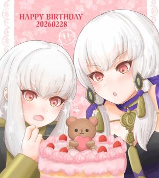 Rule 34 | !, !!, 2girls, :o, birthday cake, blush, cake, commentary request, dated, detached collar, dress, dual persona, fire emblem, fire emblem: three houses, food, garreg mach monastery uniform, happy birthday, long hair, lysithea von ordelia, lysithea von ordelia (timeskip), multiple girls, nintendo, open mouth, pink eyes, time paradox, white hair, yuurifeh