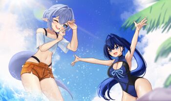 1boy 1girl :d ;d absurdres armpits bare_arms basher blue_bow blue_eyes blue_hair blue_one-piece_swimsuit boros_(ouro_kronii) bow breasts cleavage cleavage_cutout clothing_cutout commentary cropped_shirt crossdressing crossdressing_(mtf) day english_commentary grey_hair hair_between_eyes hair_bow hair_intakes highres hololive hololive_english large_breasts lens_flare long_hair midriff navel off-shoulder_shirt off_shoulder official_alternate_costume one-piece_swimsuit one_eye_closed open_mouth orange_shorts ouro_kronii ouro_kronii_(holonatsu_paradise) outdoors palm_tree personification pointy_ears ponytail shirt short_shorts short_sleeves shorts smile snake_boy snake_tail splashing swimsuit tail trap tree very_long_hair virtual_youtuber water white_shirt
