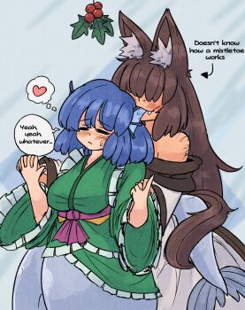 2girls :3 animal_ear_fluff animal_ears arm_hair arrow_(symbol) biting biting_ear black_trim blue_background blue_hair blush brown_hair brown_sash closed_eyes closed_mouth commentary dress english_commentary english_text fang fins frilled_kimono frills green_kimono hair_over_eyes hand_grab head_fins heart highres hug hug_from_behind imaizumi_kagerou interlocked_fingers japanese_clothes kimono layered_kimono light_frown long_bangs long_hair long_sleeves mcsquiddies medium_hair mermaid mistletoe monster_girl multiple_girls obi off-shoulder_dress off_shoulder pointing pointing_up purple_sash raised_inner_eyebrows saliva sash simple_background smile speech_bubble spoken_heart sweatdrop tail tail_wrap thought_bubble touhou wakasagihime white_dress wide_sleeves wolf_ears wolf_girl wolf_tail yuri