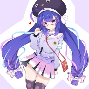 1girl ahoge animal_hat armband black_thighhighs blue_eyes blue_hair blue_streaks blunt_bangs bow braid cellphone_strap commentary_request cowboy_shot eel_hat goggles gradient_clothes gradient_hair gradient_skirt grin hair_between_eyes hair_bow hair_ornament hairclip hand_in_own_hair hand_up hat hat_ribbon heart highres honeycomb_(pattern) honeycomb_print jacket large_hat long_hair long_sleeves looking_at_viewer low-braided_long_hair low-tied_long_hair mac_4229 mortarboard multicolored_hair multicolored_skirt otomachi_una otomachi_una_(voicepeak) pink_skirt pink_streaks pleated_skirt print_thighhighs puffy_long_sleeves puffy_sleeves purple_background purple_hat purple_jacket purple_skirt red-framed_eyewear ribbon safety_pin sailor_collar sailor_jacket shoulder_strap skirt smartphone_case smile solo standing streaked_hair striped_bow striped_ribbon thighhighs twintails vertical-striped_bow very_long_hair voicepeak white_armband white_bow white_ribbon white_sailor_collar zettai_ryouiki