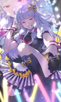 1girl absurdres agria_(tales) black_boots blunt_bangs boots bow commission freckles grin hair_bow hair_rings highres idolmaster layered_skirt long_hair looking_at_viewer low-tied_sidelocks microphone official_alternate_costume parfait_noir_(idolmaster) purple_eyes short_sleeves sidelocks skirt smile solo stage stage_lights striped_clothes striped_wrist_cuffs tales_of_(series) tales_of_asteria tales_of_xillia teeth two-tone_wrist_cuffs wawatiku white_hair wrist_cuffs