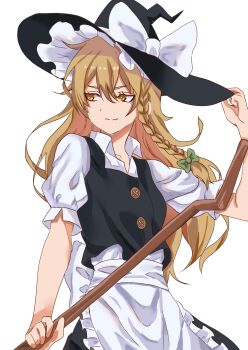 Rule 34 | 1girl, apron, back bow, black skirt, black vest, blonde hair, bow, braid, broom, closed mouth, collared shirt, commentary request, green bow, hair bow, hat, hat bow, highres, holding, holding broom, kirisame marisa, long hair, puffy short sleeves, puffy sleeves, shirt, short sleeves, side braid, simple background, single braid, skirt, smile, solo, touhou, veow, very long hair, vest, waist apron, white apron, white background, white bow, white shirt, witch hat, yellow eyes