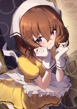 1girl absurdres apron bandana blend_s blush brown_hair child closed_mouth commentary_request cowboy_shot gloves hair_between_eyes highres hoshikawa_mafuyu kootee-on leaning_forward looking_at_viewer pleated_skirt purple_eyes shirt short_hair short_sleeves skirt solo standing stile_uniform thighhighs waist_apron white_bandana white_gloves white_thighhighs yellow_shirt yellow_skirt