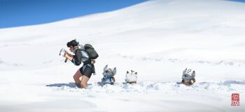 1girl animal artist_name backpack bag black_hair black_shorts black_sleeves bun_cover commentary double_bun english_commentary from_side fur_trim grey_bag hair_bun highres holding holding_map kan_liu_(666k) map original outdoors pointy_ears profile robe seal_impression shorts sidelocks signature snow solo three-quarter_sleeves white_robe