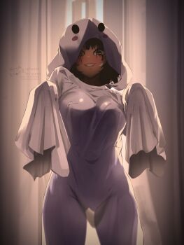 1girl absurdres artist_name black_hair blush breasts curtains dress ghost_costume gluteal_fold grin halloween highres hololive hololive_english indoors large_breasts long_sleeves looking_at_viewer makeup mixed-language_commentary multicolored_hair pink_lips runny_makeup see-through_silhouette shiori_novella signature sleeves_past_fingers sleeves_past_wrists smile solo split-color_hair teeth thighs virtual_youtuber white_dress white_hair yellow_eyes yuno_maname