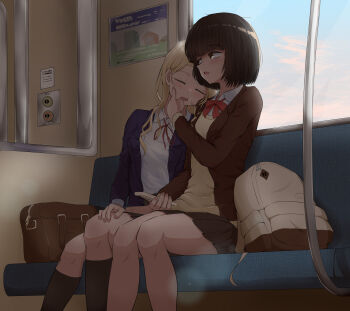 2girls absurdres aged_up backpack bag black_hair black_skirt black_socks blazer blonde_hair bow bowtie brown_eyes brown_jacket cheek_poking closed_eyes collared_shirt dress_shirt head_on_another&#039;s_shoulder head_rest highres holding holding_phone jacket kirarazaka_marina kneehighs kuze_shizuka long_hair long_sleeves miniskirt multiple_girls ndk_(24176709) open_clothes open_jacket open_mouth phone pink_nails pleated_skirt poking purple_jacket red_bow red_bowtie school_bag school_uniform shirt short_hair sitting skirt sleeping sleeping_on_person sleeping_upright socks sweater takopii_no_genzai train_interior white_shirt wing_collar yellow_sweater yuri