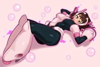1girl absurdres black_bodysuit blush bodysuit boku_no_hero_academia boots breasts brown_eyes brown_hair closed_mouth female_focus highres looking_at_viewer loopvoid matching_hair/eyes multicolored_bodysuit pink_background pink_bodysuit short_hair sidelocks smile solo thick_thighs thighs uraraka_ochako uraraka_ochako_(hero_outfit) white_bodysuit