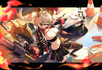 Rule 34 | 1girl, black jacket, black skirt, black thighhighs, black tube top, blonde hair, breasts, burnice white, cleavage, crop top, flamethrower, gloves, highres, holding, holding flamethrower, holding weapon, jacket, large breasts, looking at viewer, looking over eyewear, motor vehicle, motorcycle, navel, one eye closed, orange-tinted eyewear, red eyes, short hair, skirt, smile, solo, spiked belt, spiked jacket, strapless, sunglasses, thighhighs, tinted eyewear, tube top, twintails, weapon, yin lan xue, zenless zone zero