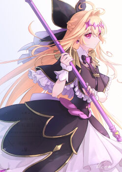 Rule 34 | 1girl, absurdres, antenna hair, black bow, black capelet, black dress, blonde hair, bow, brooch, capelet, closed mouth, commentary request, cowboy shot, cure arcana shadow, diamond hairband, dress, earrings, frills, gem, hair bow, hair intakes, heart, heart brooch, highres, holding, holding staff, jewelry, layered dress, long hair, looking at viewer, magical girl, meitantei precure!, moria luluka, nail polish, peco (ppeco0), precure, purple eyes, purple gem, purple veil, simple background, smile, solo, staff, tear arcana rod, veil, watermark, white background