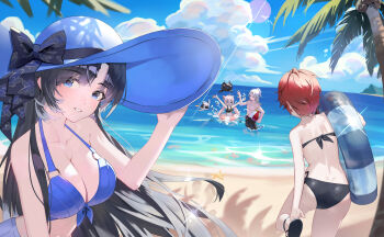 1boy 3girls aalto_(wuthering_waves) absurdres bare_shoulders bikini black_bikini black_hair blue_bikini blue_hat blue_sky breasts chixia_(wuthering_waves) cleavage cloudy_(wuthering_waves) commentary cosmos_(wuthering_waves) day encore_(wuthering_waves) english_commentary hand_up hat highres holding holding_swim_ring innertube long_hair looking_at_viewer medium_breasts mole mole_under_eye multiple_girls nia_(cyann_00) outdoors parted_lips sky smile swim_ring swimsuit wuthering_waves yangyang_(wuthering_waves)