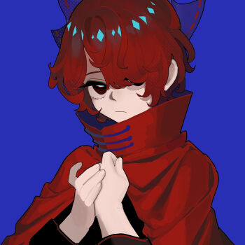 1girl 950magi618 black_shirt blue_background bow cape clenched_hand closed_mouth clothes_grab commentary_request fingernails hair_bow hair_over_one_eye hands_up highres long_sleeves looking_at_viewer purple_bow red_cape red_eyes red_hair ribbon-trimmed_bow ribbon_trim sekibanki shirt short_hair simple_background solo touhou upper_body wavy_hair