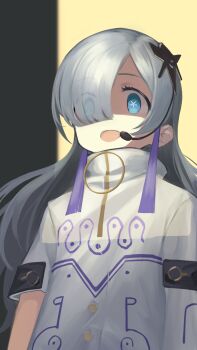 1girl arms_at_sides asymmetrical_sleeves blue_eyes cevio coat coko-chan_no_kokokara_dassoukyoku_(cevio) commentary_request eyes_visible_through_hair false_smile grey_hair hair_over_one_eye headset high_collar highres kamitsubaki_studio long_hair looking_at_viewer multicolored_hair nama_cream_croquette o-ring open_mouth sekai_(cevio) shaded_face smile solo star-shaped_pupils star_(symbol) streaked_hair symbol-shaped_pupils two-tone_background uneven_sleeves upper_body white_coat wide-eyed yellow_background